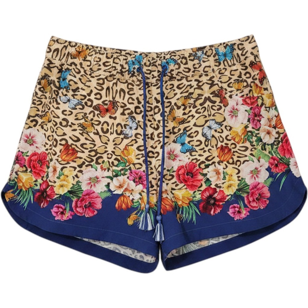 Johnny Was Leopard Floral Butterfly Board Shorts‎ Blue Tassel Beachy Womens S
